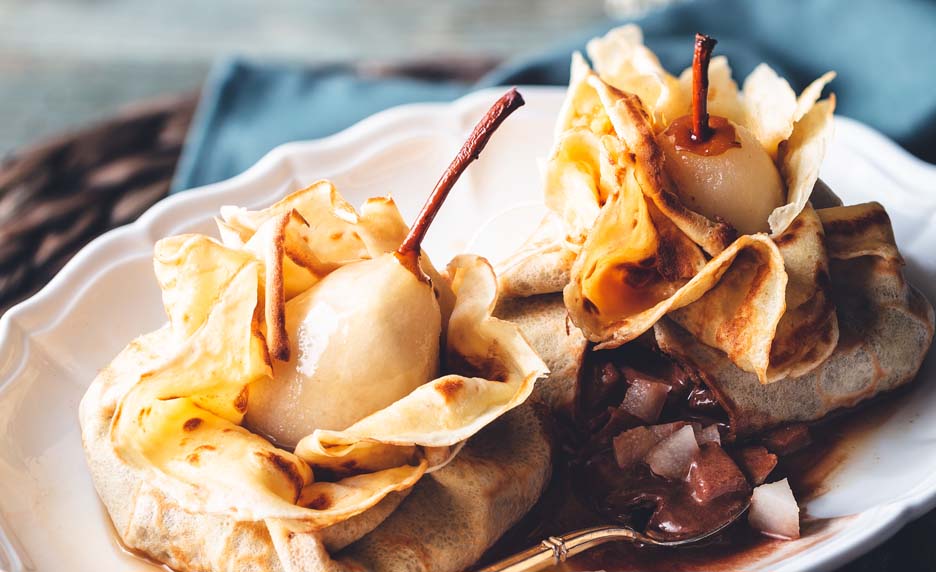 Aumônières de crêpes chocolat poire et caramel • Autour du Sucre